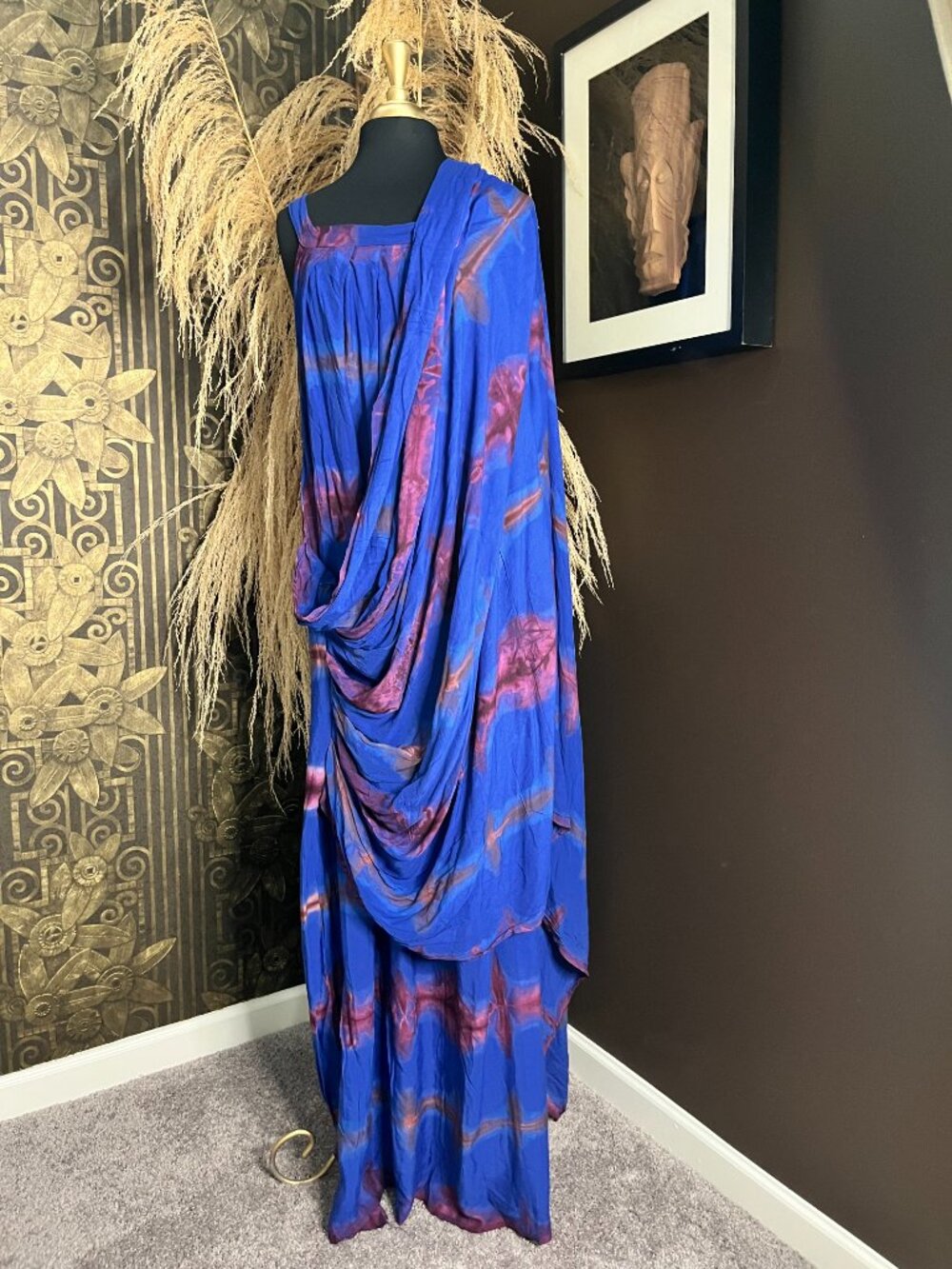 bohemian-tie-dye train vibr blue purple pattern fabric maxi dress - Picture 2 of 5